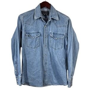 Painted Mesa Denim Pearl Snap Shirt Mens M Blue Cotton Western Cowboy Ranchwear